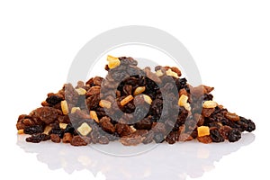 Pile of raisins currants and sultanas with mixed candied peel