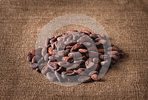 Pile of raw cocoa beans on sacking