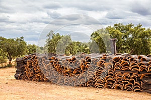 Pile of raw cork drying in the sun