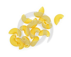 Pile of raw elbow Macaroni Gomiti Pasta Isolated on white background, Cut out with clipping path, Top view.