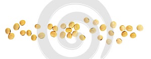 Pile of raw organic soybeans isolated on white background, overhead view. Healthy food. Group of soy beans