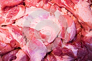 Pile of raw pork pieces in the market For self-catering.