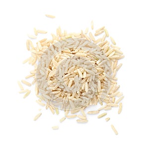 Pile of raw unpolished rice on white background