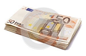 Pile of 50 real euro notes on white