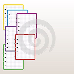 Pile of realistic multi colored spiral notebook with grid lined paper pages isolated on desk. Design elements for education, schoo