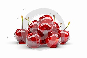 Pile of red cherries sitting on top of each other on white surface. Generative AI