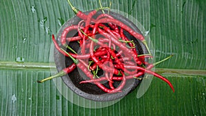 Pile of red chilies on a mortar with a banana leaf base