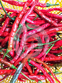 A pile of red chilies in a yellow basket