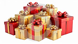 Pile of Red and Gold Gift Boxes with Ribbons and Bows Isolated on White Background