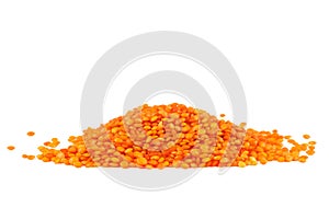 Pile of red lentils on white background