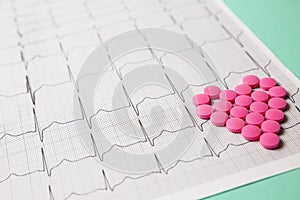 A pile of red pills in a shape of heart on cardiogram