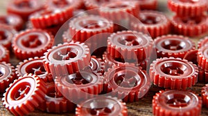 A pile of red plastic gears on a wooden table, AI