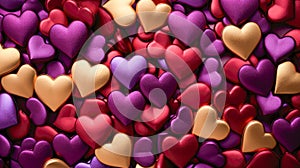 Pile of red, purple and golden hearts. Hearts background or Valentine greeting card