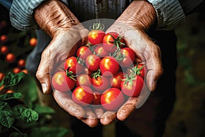 Pile of red ripe tomatoes in the hands of an elderly man. Generative AI