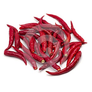 A pile of Red Serrano Chile Peppers without stalk chili pole on white background. spot focus