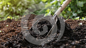 A pile of rich dark compost being turned by a pitchfork. The compost is made from naturally decomposing kitchen ss and