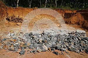 Pile Of Rocks I.E. Lithium Mining And Natural Resources Like Limestone Mining In Quarry. Natural Zeolite Rocks Are Excavated With