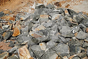 Pile Of Rocks I.E. Lithium Mining And Natural Resources Like Limestone Mining In Quarry. Natural Zeolite Rocks Are Excavated With