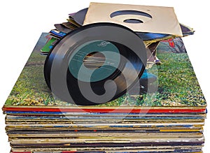 Pile of 45 and 33 RPM vinyl records used