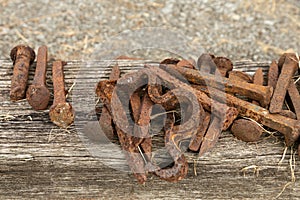 A pile of rusty railroad spikes