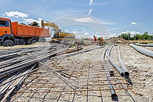 Pile of rusty reinforcing mesh, armature stacked temporarily