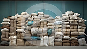 Pile of sacks in a warehouse. 3d rendering image. Generative AI