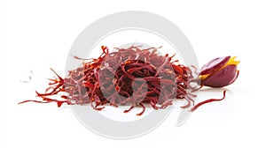 Pile of saffron threads with saffron flower bud on white background, sharp focus