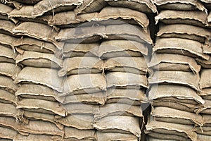 Pile of sand bags used in trench warfare or as a flood defence