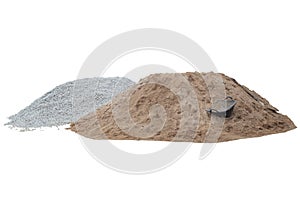 Pile of sand, gravel or stone, shovel and clam-shell shaped basket in construction site isolated on white background.