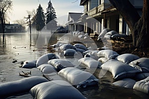 Pile of sandbags in the flood. Flooding the city, Flood Protection Sandbags with flooded homes in the background, AI Generated