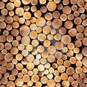 Pile of sawn logs of spruce trees waiting for transportation in forest