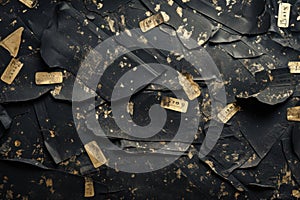 Pile of scattered old black and golden paper stickers, labels and ephemera. Textured background. Concept of retro design