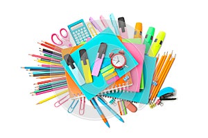Pile of school supplies isolated on background