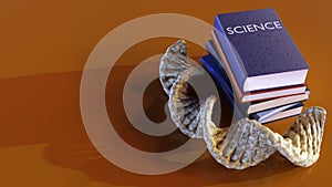 pile of science book with DNA helix