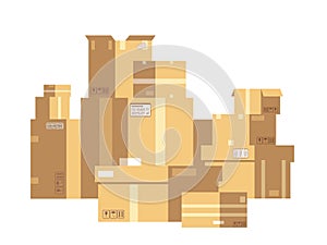 Pile of sealed goods cardboard boxes. Mail box stack isolated. Delivery and cargo vector concept