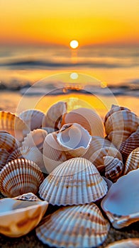 A pile of seashells on a beach at sunset