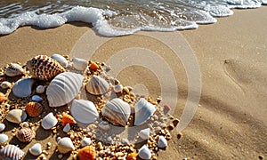 A pile of shells is on the beach, with the ocean waves in the background.