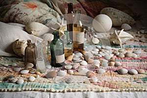 pile of shells, glass bottles and other beachcombing finds on patchwork blanket