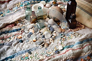 pile of shells, glass bottles and other beachcombing finds on patchwork blanket