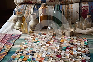 pile of shells, glass bottles and other beachcombing finds on patchwork blanket