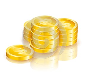 Pile of shiny golden coins with dollar sign with shadows