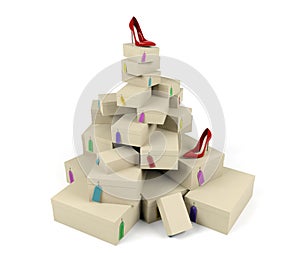 Pile of shoe boxes with red high-heeled shoe on the top