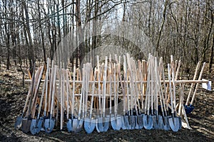 Pile of shovels with wood handles before a massive tree planting project