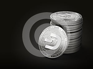 Pile of silver Dash coins with 2019 logo update, isolated on black background with copy space on the left. New virtual money. 3D