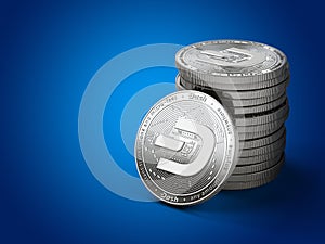 Pile of silver Dash coins with 2019 logo update, isolated on blue background with copy space on the left. New virtual money. 3D