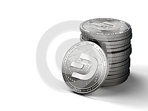 Pile of silver Dash coins with 2019 logo update, isolated on white background with copy space on the left. New virtual money. 3D