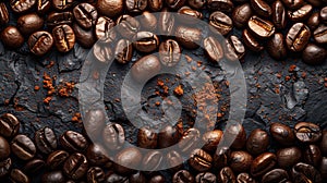 A pile of singleorigin coffee beans on black surface