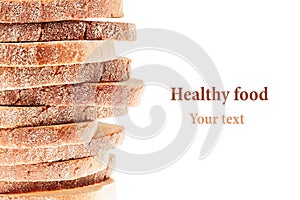 Pile of slices of white bread with a crispy crust on a white background. Decorative ending, border. Isolated. Concept art.