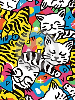 A pile of small to mediumsized cats on colorful textile background