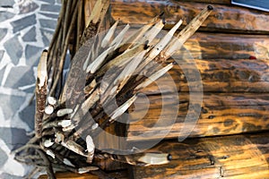 Pile of small wooden stick prepared for camp fire